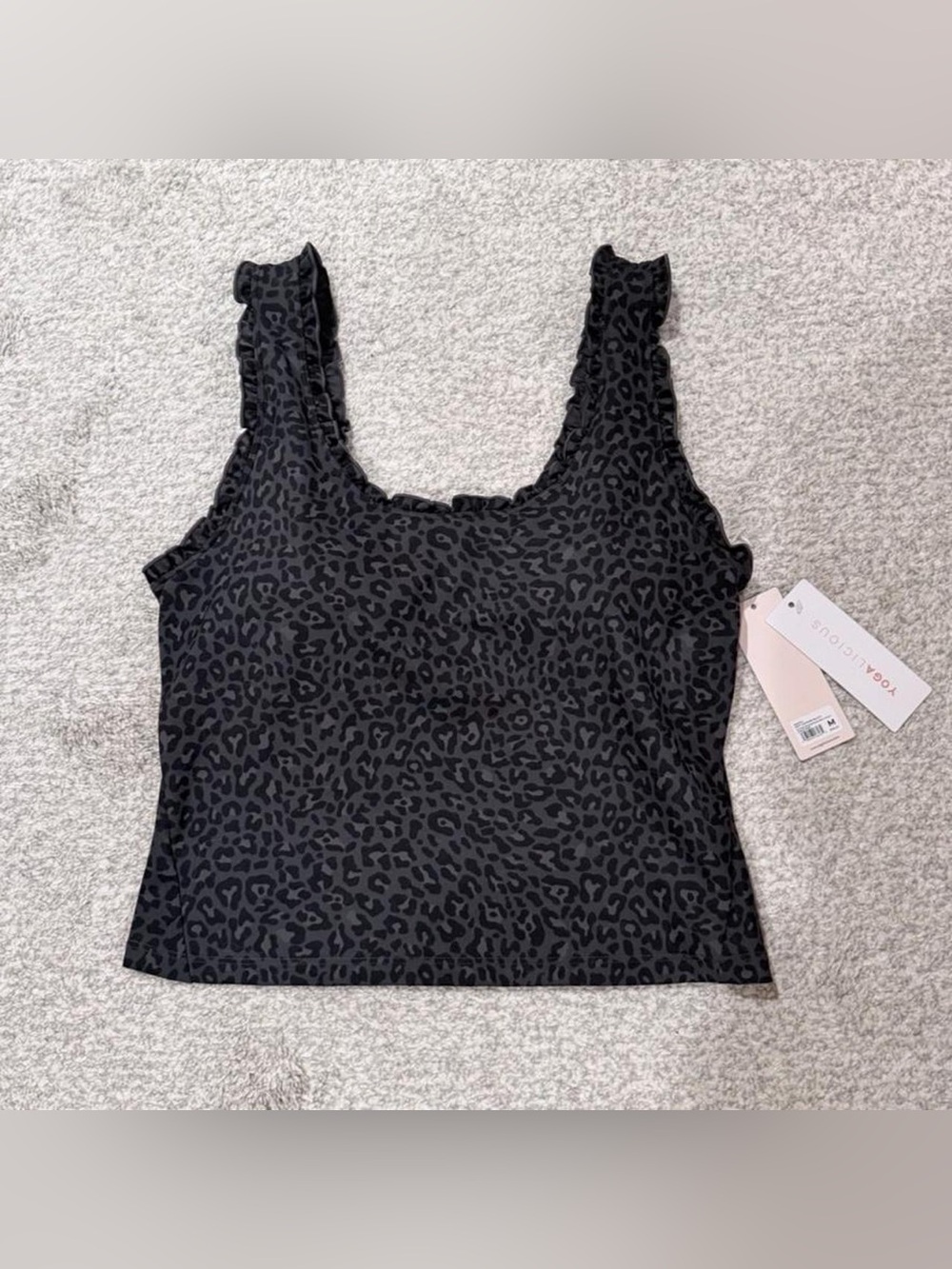 Yogalicious Black Leopard-Print Ruffle Strap Tank